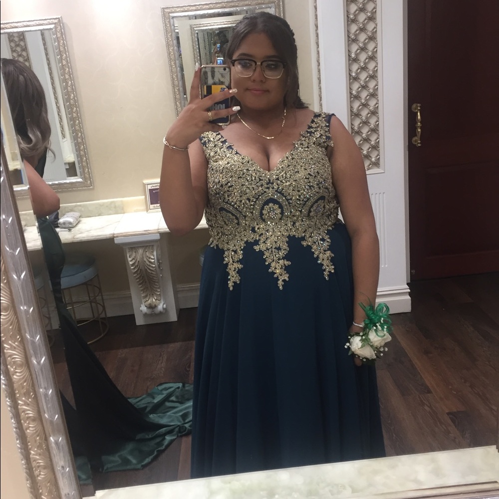 Plus Size Dark Green And Gold Prom Dress Gem